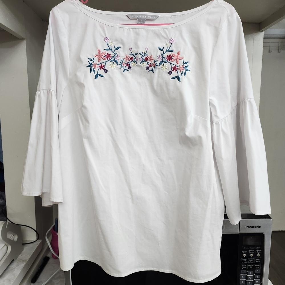Valerie Stevens White Blouse with Pink and Blue Embroidery